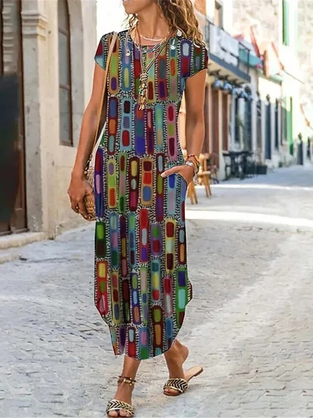 Women's Casual Dress Shift Dress Summer Dress Geometric Color Block Pocket Split Crew Neck Long Dress Maxi Dress Fashion Streetwear Outdoor Daily Short Sleeve Regular Fit Red Navy Blue Blue Summer 3 Women's Casual Dress Shift Dress Summer Dress Geometric Color Block Pocket Split Crew Neck Long Dress Maxi Dress Fashion Streetwear Outdoor Daily Short Sleeve Regular Fit Red Navy Blue Blue Summer - Image 3