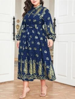 Women's Plus Size Curve Party Dress Wedding Guest Dress Long Dress Maxi Dress Dark Blue Long Sleeve Flower Lace Up Fall Winter Autumn Shirt Collar Fashion Evening Party Wedding Guest L XL -Casual Print Dress Sales nirshe1693210683800