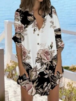 Women's Shirt Dress Casual Dress Shift Dress Mini Dress Outdoor Daily Vacation Polyester Fashion Casual Stand Collar Button Pocket Long Sleeve Summer Spring Fall 2023 Regular Fit Black Orange Floral