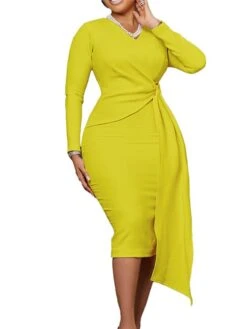Women‘s Plus Size Curve Work Dress Solid Color V Neck Long Sleeve Fall Winter Elegant Formal Knee Length Dress Formal Date Dress -Casual Print Dress Sales nkgnez1663308379656