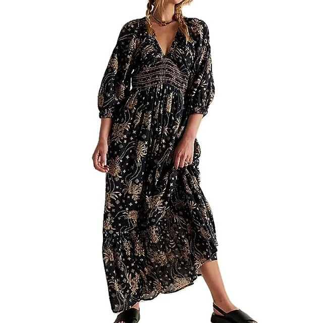 Women's Casual Dress A Line Dress Print Dress Floral Ruched Print V Neck Long Dress Maxi Dress Active Fashion Outdoor Street 3/4 Length Sleeve Loose Fit Black White Blue Fall Winter S M L XL 2 Women's Casual Dress A Line Dress Print Dress Floral Ruched Print V Neck Long Dress Maxi Dress Active Fashion Outdoor Street 3/4 Length Sleeve Loose Fit Black White Blue Fall Winter S M L XL - Image 2