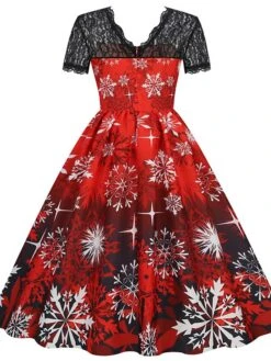 Women's Christmas Swing Dress Vintage DressKnee Length Dress Green Wine Dark Green Fuchsia Red Black Short Sleeve Santa Claus Snowman Snowflake Lace Print Fall Winter V Neck Vacation Vintage 2022 S -Casual Print Dress Sales nkkyla1665293368935