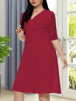 Women‘s Plus Size Curve Party Dress Lace Dress White Dress Solid Color Midi Dress Half Sleeve Lace V Neck Fashion Party White Red Summer Spring XL XXL 3XL 4XL 5XL -Casual Print Dress Sales nkqcmt1681204554719