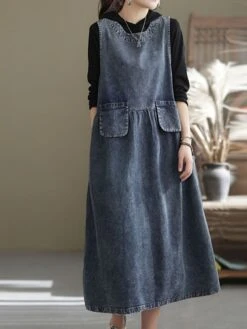 Women's Denim Dress Swing Dress Denim Overall Pinafore Dress Maxi Long Dress Cotton Denim Casual Daily Holiday Vacation Crew Neck Pocket Sleeveless Summer Spring 2023 Loose Fit Black Blue Pure Color -Casual Print Dress Sales nkqifd1653381097458