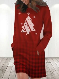 Women's Casual Dress Sweatshirt Dress Mini Dress Warm Fashion Outdoor Christmas Holiday Crew Neck Pocket Print Christmas Tree Loose Fit Wine S M L XL XXL