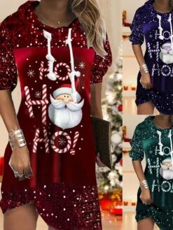 Women's Christmas Hoodie Dress Shift Dress Mini Dress Green Purple Wine Long Sleeve Letter Santa Claus Print Winter Fall Hooded Vacation Casual 2022 S M L XL XXL 3XL