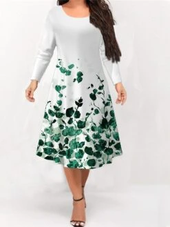 Women‘s Plus Size Curve Work Dress Floral Crew Neck Long Sleeve Winter Fall Fashion Elegant Modern Midi Dress Office Work Dress -Casual Print Dress Sales nncrne1670470614101