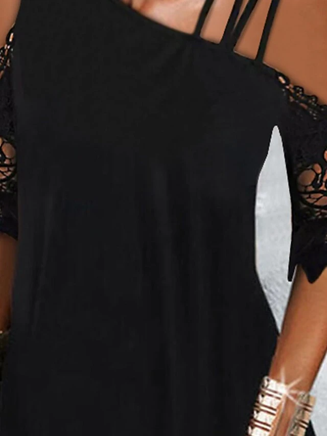 Women's Lace Dress A Line Dress Mini Dress Black Short Sleeve Pure Color Lace Summer Spring Spaghetti Strap Modern 2023 S M L XL 2 Women's Lace Dress A Line Dress Mini Dress Black Short Sleeve Pure Color Lace Summer Spring Spaghetti Strap Modern 2023 S M L XL - Image 2