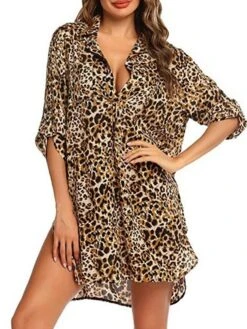 Women's Shirt Dress Beach Dress Beach Wear Mini Dress Button Plus High Low Casual Leopard Turndown 3/4 Length Sleeve Loose Fit Outdoor Daily Azure Black 2023 Spring Summer S M L XL -Casual Print Dress Sales nnnser1676892559782