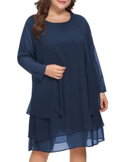 Women‘s Plus Size Curve Casual Dress Solid Color Crew Neck Mesh Long Sleeve Spring Fall Casual Knee Length Dress Daily Vacation Dress -Casual Print Dress Sales nogntk1691043844438
