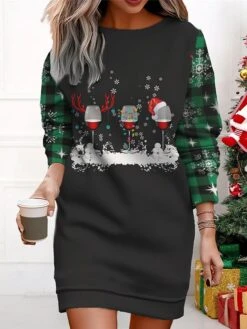 Women's Christmas Casual Dress Sweatshirt Dress Mini Dress Warm Fashion Outdoor Vacation Crew Neck Print Geometric Christmas Tree Christmas Hat Loose Fit ArmyGreen Black Wine S M L XL XXL -Casual Print Dress Sales nokswl1695365592356