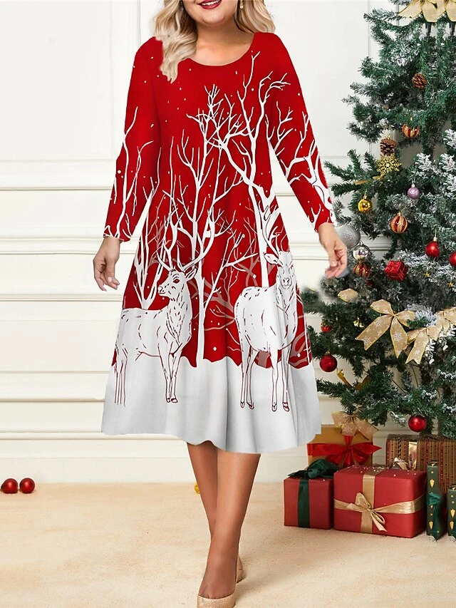 Women's Christmas Plus Size Curve Casual Dress Skater Dress A Line Dress Elk Midi Dress Long Sleeve Print Crew Neck Fashion Outdoor Black Wine Fall Winter L XL XXL 3XL 4XL 1 Women's Christmas Plus Size Curve Casual Dress Skater Dress A Line Dress Elk Midi Dress Long Sleeve Print Crew Neck Fashion Outdoor Black Wine Fall Winter L XL XXL 3XL 4XL