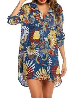 Women's Shirt Dress Beach Dress Beach Wear Mini Dress Button Plus High Low Casual Leopard Turndown 3/4 Length Sleeve Loose Fit Outdoor Daily Azure Black 2023 Spring Summer S M L XL -Casual Print Dress Sales nowgrr1676892561592