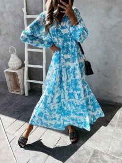 Women's Casual Dress Swing Dress Print Dress Floral Ruched Print V Neck Long Dress Maxi Dress Fashion Streetwear Outdoor Street Long Sleeve Loose Fit Red Blue Green Fall Winter S M L XL XXL -Casual Print Dress Sales npbpie1694066136412