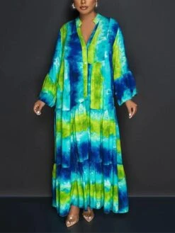 Women's Shirt Dress Casual Dress Swing Dress Maxi Long Dress Outdoor Daily Vacation Polyester Fashion Modern Split Neck Ruffle Print Long Sleeve Summer Spring Fall 2023 Loose Fit White Tie Dye Flower -Casual Print Dress Sales nqxzna1691057440078