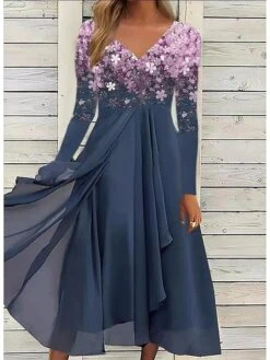 Women's T Shirt Dress Tee Dress Swing Dress Midi Dress Long Dress Maxi Dress Black Blue Purple Long Sleeve Floral Patchwork Spring Fall Autumn V Neck Stylish Winter Dress Fall Dress 2023 S M L XL XXL