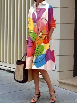 Women's Shirt Dress Casual Dress Midi Dress Office Daily Vacation Polyester Fashion Elegant Shirt Collar Print Long Sleeve Summer Spring Fall 2023 Loose Fit White Graffiti S M L XL
