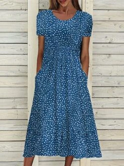 Women's Casual Dress Floral Dress Summer Dress Floral Ditsy Floral Pocket Print Crew Neck Midi Dress Fashion Streetwear Outdoor Daily Short Sleeve Loose Fit Navy Blue Royal Blue Blue Summer Spring S -Casual Print Dress Sales nshafw1686309302877