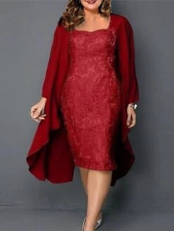 Women‘s Plus Size Curve Dress Set Solid Color Strap 3/4 Length Sleeve Spring Fall Elegant Formal Midi Dress Formal Office Dress