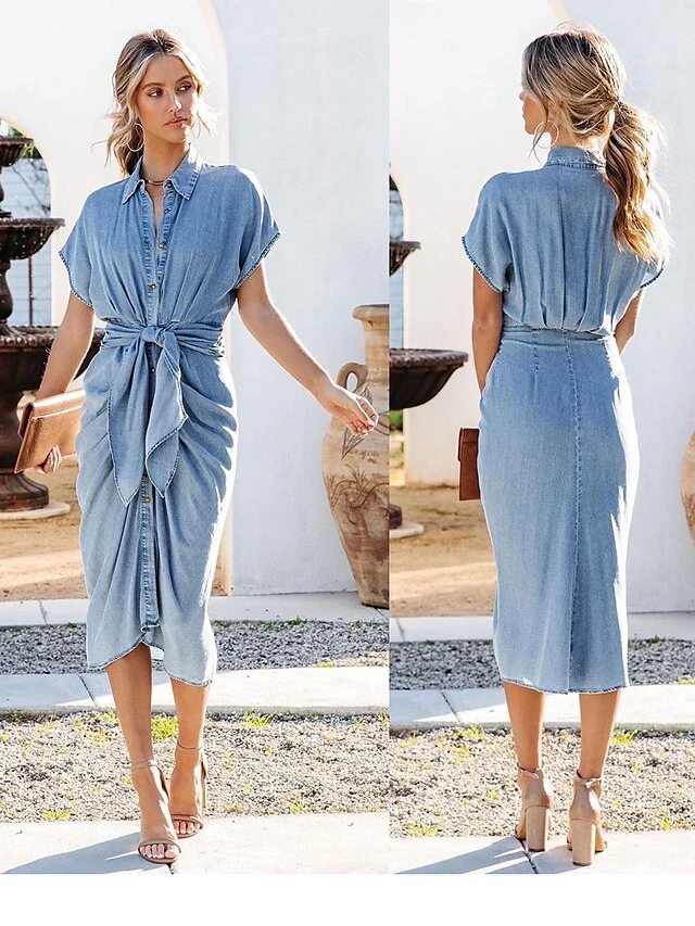 Women's Casual Dress Denim Shirt Dress Midi Dress Denim Modern Casual Daily Vacation Shirt Collar Lace Up Ruched Short Sleeve Summer Spring 2023 Loose Fit Blue Pure Color S M L XL 2XL 2 Women's Casual Dress Denim Shirt Dress Midi Dress Denim Modern Casual Daily Vacation Shirt Collar Lace Up Ruched Short Sleeve Summer Spring 2023 Loose Fit Blue Pure Color S M L XL 2XL - Image 2