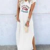 Women's Long Dress Maxi Dress Casual Dress T Shirt Dress Tee Dress Summer Dress Letter Casual Modern Outdoor Daily Weekend Split Print Short Sleeve V Neck Dress Regular Fit Black White Blue Spring