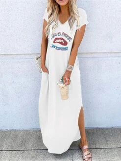 Women's Long Dress Maxi Dress Casual Dress T Shirt Dress Tee Dress Summer Dress Letter Casual Modern Outdoor Daily Weekend Split Print Short Sleeve V Neck Dress Regular Fit Black White Blue Spring