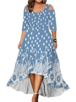 Women‘s Plus Size Curve Party Dress Wedding Guest Dress Swing Dress Long Dress Maxi Dress Blue Light Purple Purple 3/4 Length Sleeve Floral Cold Shoulder Summer Spring Fall V Neck Fashion Birthday