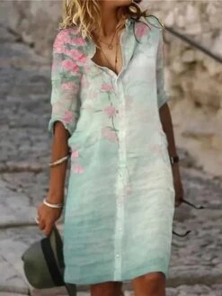 Women's Shirt Dress Casual Dress Shift Dress Midi Dress Outdoor Daily Vacation Polyester Fashion Modern Shirt Collar Button Print Half Sleeve Summer Spring Fall 2023 Regular Fit White Pink Green -Casual Print Dress Sales ntgpfn1684208978750