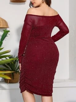 Women‘s Plus Size Curve Work Dress Sheath Dress Black Dress Fashion Midi Dress Ruched Mesh Crew Neck Long Sleeve Plain Regular Fit Black Wine Spring Fall L XL XXL 3XL 4XL -Casual Print Dress Sales ntorgx1691402349492