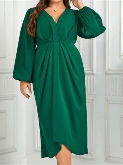 Women's Plus Size Curve Casual Dress A Line Dress Plain Midi Dress Long Sleeve Ruched V Neck Fashion Outdoor Green Fall Winter XL XXL 3XL 4XL -Casual Print Dress Sales ntxxuo1695279809243