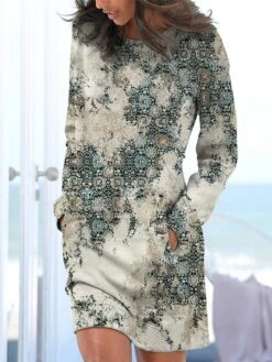 Women's Casual Dress Sweatshirt Dress Winter Dress Floral Tribal Pocket Print Crew Neck Mini Dress Vintage Ethnic Outdoor Daily Long Sleeve Loose Fit Royal Blue Blue Dusty Blue Fall Winter S M L XL -Casual Print Dress Sales nuoivs1694077850957