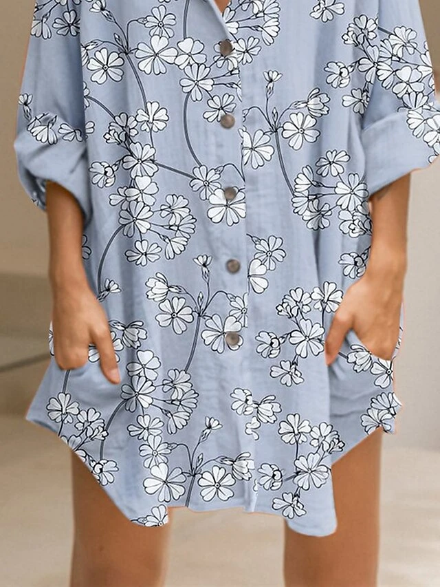 Women's Shirt Dress Casual Dress Shift Dress Mini Dress Outdoor Daily Vacation Polyester Fashion Casual Stand Collar Button Pocket Long Sleeve Fall 2023 Regular Fit Blue Floral S M L XL 2XL 3 Women's Shirt Dress Casual Dress Shift Dress Mini Dress Outdoor Daily Vacation Polyester Fashion Casual Stand Collar Button Pocket Long Sleeve Fall 2023 Regular Fit Blue Floral S M L XL 2XL - Image 3