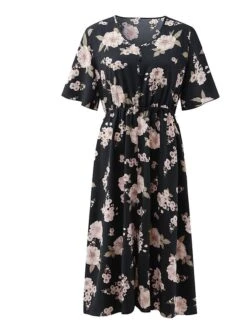 Women‘s Plus Size Curve Casual Dress A Line Dress Floral Dress Floral Midi Dress Short Sleeve Print V Neck Fashion Daily Black White Spring Summer L XL XXL 3XL -Casual Print Dress Sales nvtmmz1672800364751
