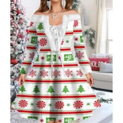 Women's Christmas Swing Dress Vintage Dress Mini Dress Green Light Green Wine Red Navy Blue White Long Sleeve Snowman Tree Snowflake Backless Feather Print Winter Fall Off Shoulder Vacation Stylish -Casual Print Dress Sales nwpjqj1667977600096