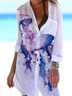 Women's Shirt Dress Cover Up Beach Wear Mini Dress Pocket Print Fashion Casual Fish Turndown 3/4 Length Sleeve Loose Fit Outdoor Daily White Blue 2023 Summer Spring S M L XL -Casual Print Dress Sales nwwrjp1676972499570