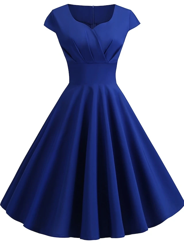 Women's Swing Dress Vintage Tea Dresses Midi Dress Black Yellow Pink Short Sleeve Pure Color Ruched Spring Summer Crew Neck Vintage Daily Weekend Slim S M L XL XXL 7 Women's Swing Dress Vintage Tea Dresses Midi Dress Black Yellow Pink Short Sleeve Pure Color Ruched Spring Summer Crew Neck Vintage Daily Weekend Slim S M L XL XXL - Image 7