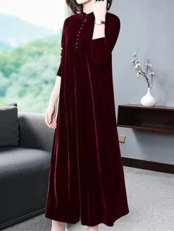 Women's Party Dress Velvet Dress Emerald Green Dress Midi Dress Black Wine Purple Long Sleeve Pure Color Button Fall Spring Crew Neck Stylish Winter Dress Weekend Fall Dress 2023 M L XL XXL 3XL 4XL -Casual Print Dress Sales nxeugl1638864449145