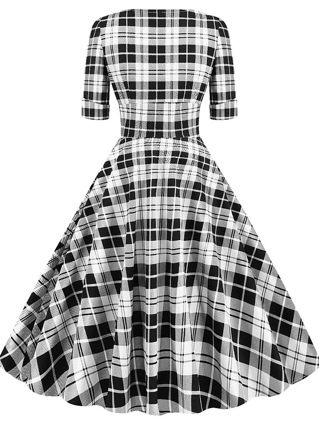 Women's Christmas Swing Dress Midi Dress Black Blue Red Short Sleeve Plaid Print Winter Fall Autumn V Neck 2022 S M L XL 2XL 4 Women's Christmas Swing Dress Midi Dress Black Blue Red Short Sleeve Plaid Print Winter Fall Autumn V Neck 2022 S M L XL 2XL - Image 4