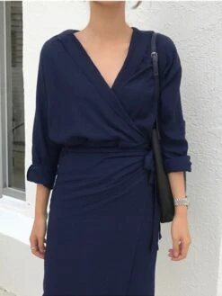 Women's Shirt Dress Wrap Dress Midi Dress Brown Dark Blue Beige Long Sleeve Pure Color Lace Summer Spring Deep V Elegant Winter Dress Fall Dress Loose Fit 2023 S M L XL -Casual Print Dress Sales nxrkvb1626531021425