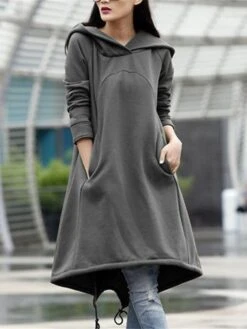 Women's Casual Dress Hoodie Dress Winter Dress Midi Dress Pocket Outdoor Street Daily Fashion Streetwear Hooded Long Sleeve 2023 Loose Fit Black Army Green Gray Color S M L XL XXL Size -Casual Print Dress Sales nzydnc1694510140156