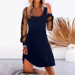Women's Casual Dress Lace Dress Midi Dress Black Wine Dark Blue Long Sleeve Pure Color Mesh Summer Spring Square Neck Modern Winter Dress Vacation Fall Dress Loose Fit 2023 S M L XL XXL 3XL