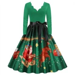 Women's Christmas Party Dress Swing DressKnee Length Dress Green Wine Dark Green Red Black Long Sleeve Santa Claus Elk Snowman Print Fall Winter V Neck Vintage Party Elegant Party 2022 S M L XL XXL -Casual Print Dress Sales oamlok1665475508035