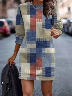 Women's Casual Dress Sweatshirt Dress Mini Dress Warm Fashion Outdoor Vacation Going Out Crew Neck Print Geometric Loose Fit Blue Green Khaki S M L XL XXL