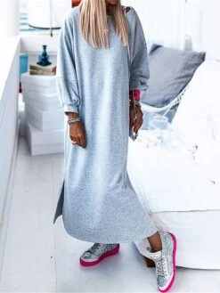 Women's Casual Dress Sweatshirt Dress Winter Dress Long Dress Maxi Dress Split Outdoor Street Daily Active Fashion Crew Neck Long Sleeve 2023 Loose Fit Gray Color S M L XL Size -Casual Print Dress Sales oaqoxc1695292952836