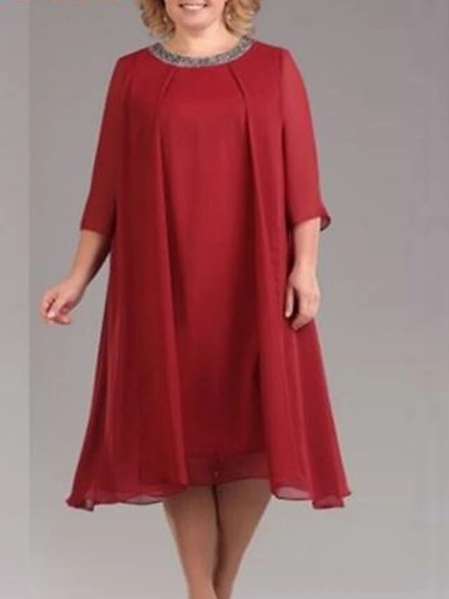 Women‘s Plus Size Curve Work Dress Chiffon Dress Swing Dress Fashion Midi Dress Layered Fake Two Piece Crew Neck 3/4 Length Sleeve Plain Regular Fit Black Red Navy Blue Summer Spring 3 Women‘s Plus Size Curve Work Dress Chiffon Dress Swing Dress Fashion Midi Dress Layered Fake Two Piece Crew Neck 3/4 Length Sleeve Plain Regular Fit Black Red Navy Blue Summer Spring - Image 3