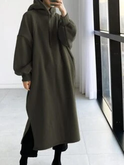 Women's Casual Dress Hoodie Dress Winter Dress Midi Dress Split Outdoor Daily Going Out Fashion Streetwear Hooded Long Sleeve 2023 Loose Fit Black Green Army Green Color S M L XL XXL Size -Casual Print Dress Sales obcyvs1693880168571