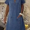 Women‘s Denim Dress Shirt Dress Casual Dress Midi Dress Denim Sexy Casual Daily Vacation Split Neck Ruched Pocket Short Sleeve Summer Spring 2023 Regular Fit Blue Pure Color S M L XL XXL