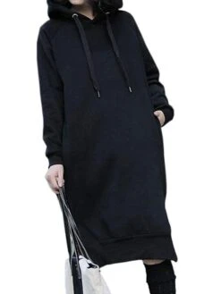 Women's Casual Dress Hoodie Dress Winter Dress Midi Dress Split Outdoor Daily Going Out Active Fashion Hooded Long Sleeve 2023 Regular Fit Black Color S M L XL Size