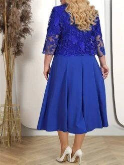 Women's Plus Size Curve Two Piece Dress Set Party Dress Lace Dress Party Wedding Guest Fashion Elegant Lace Embroidered Long Dress Maxi Dress Crew Neck 3/4 Length Sleeve Plain Pink Blue Spring -Casual Print Dress Sales obzyaf1692179471591