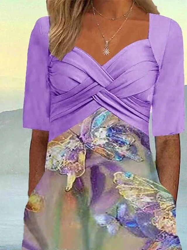 Women's Casual Dress A Line Dress Summer Dress Floral Butterfly Ruched Pocket V Neck Midi Dress Fashion Modern Outdoor Daily Half Sleeve Loose Fit Purple Summer Spring S M L XL XXL 3 Women's Casual Dress A Line Dress Summer Dress Floral Butterfly Ruched Pocket V Neck Midi Dress Fashion Modern Outdoor Daily Half Sleeve Loose Fit Purple Summer Spring S M L XL XXL - Image 3
